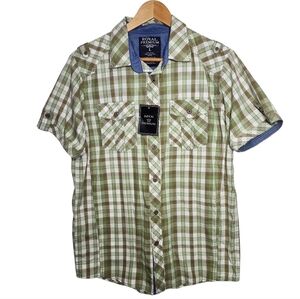 Royal Premium Men’s Shirt plaid Button Up short Sleeve Cotton Green/White Size L